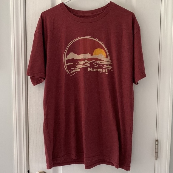 MARMOT‎ X THREAD SHORT SLEEVE T-SHIRT size L sun print maroon - Picture 1 of 9